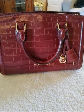 Michael Kors Burgundy Croc-Embossed Leather Satchel